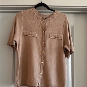 Textured Short-Sleeve Cardigan - Tan with Gold Buttons